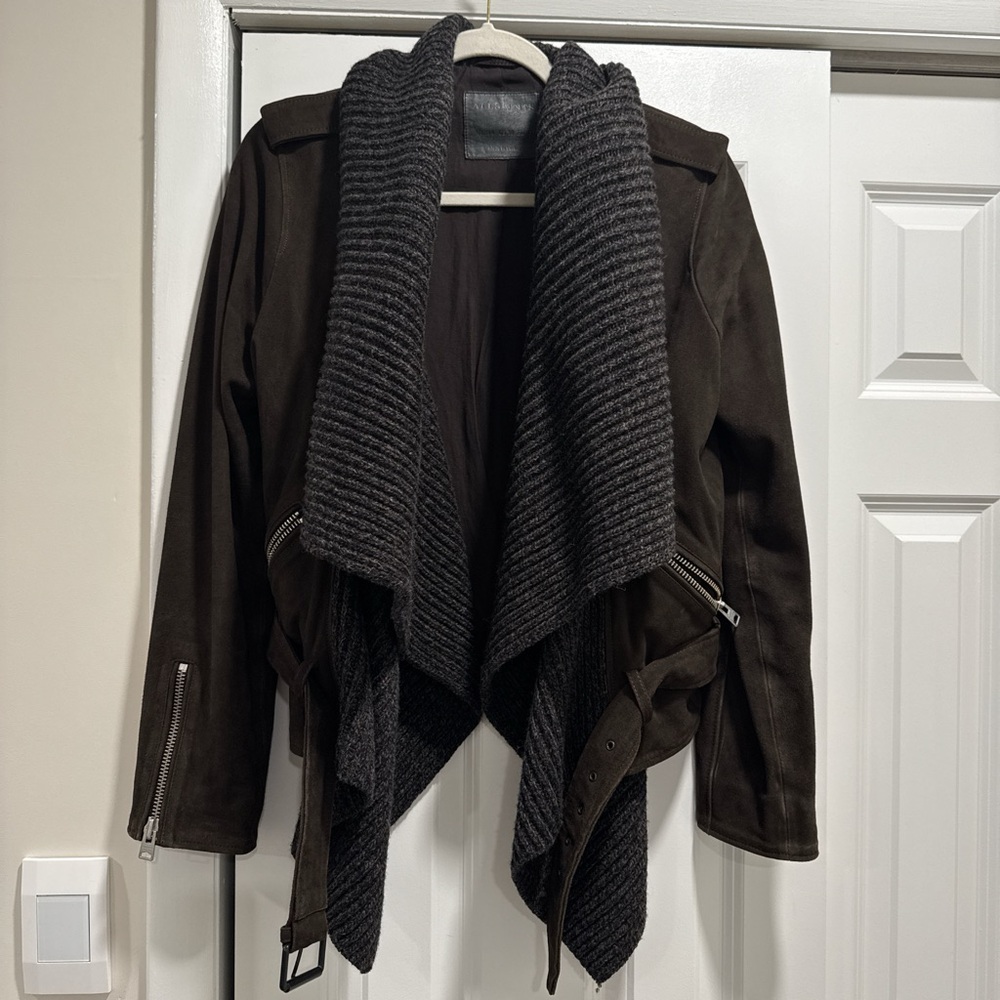 All Saints Limited Edition Dark Brown Suede Jacket with Sweater Wrap
